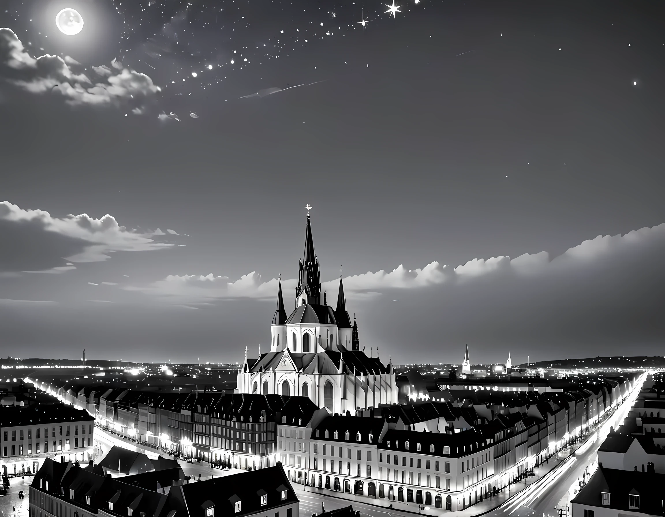 modisn disney a black and white picture of an European city sky line view in the beginning of 20th century you can see, the church (intricate detailed, Masterpiece, best quality: 1.4), city center (intricate detailed, Masterpiece, best quality: 1.4), and some towers, its night time, the sky is full of stars, and the city is lit by lamps,  made by a late 19th century camera, star