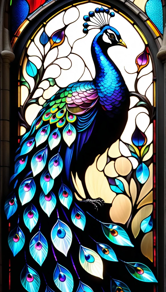 (best quality,4k,highres,photorealistic:1.2),gothic stained glass art style, mystic peacock, triadic colors, baroque, Craola, highly detailed stained glass, crystals, labradorite iridescent crystals, Andy Kehoe, John Blanche, complex highly detailed background, fantasy, filigree detailed, intricate