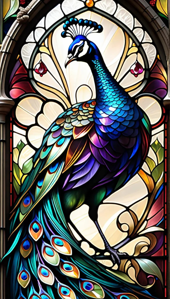 (best quality,4k,highres,photorealistic:1.2),gothic stained glass art style, mystic peacock, triadic colors, baroque, Craola, highly detailed stained glass, crystals, labradorite iridescent crystals, Andy Kehoe, John Blanche, complex highly detailed background, fantasy, filigree detailed, intricate