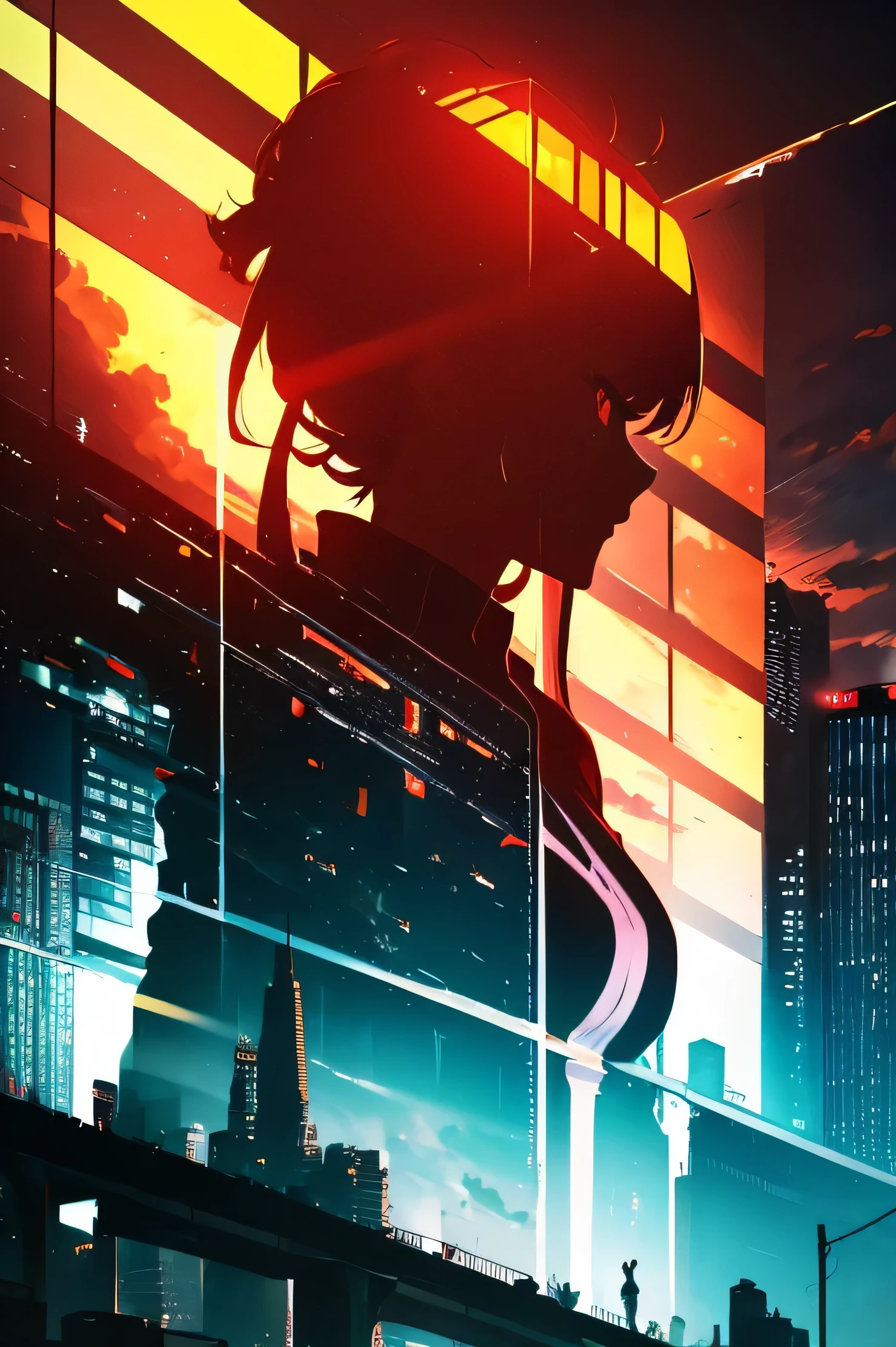 anime, (silhouette),1 girl, star (null), cloud, cityscape, building, city, Outdoor, nullscraper, city lights, night, night null, sunset, nullline