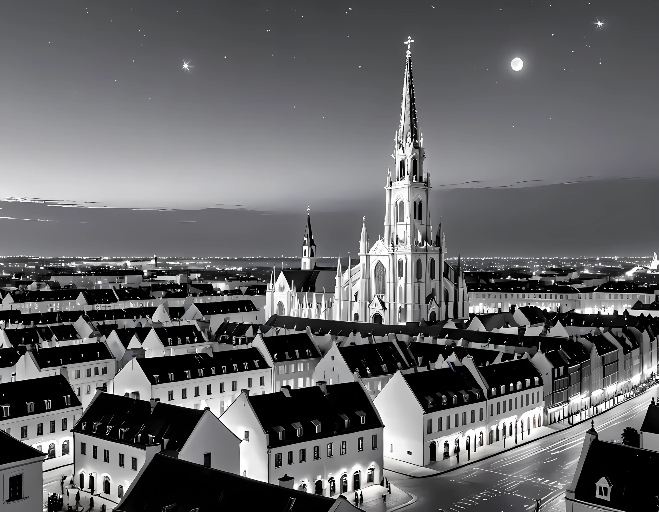 modisn disney a black and white picture of an European city sky line view in the beginning of 20th century you can see, the church (intricate detailed, Masterpiece, best quality: 1.4), city center (intricate detailed, Masterpiece, best quality: 1.4), and some towers, its night time, the sky is full of stars, and the city is lit by lamps,  made by a late 19th century camera, star