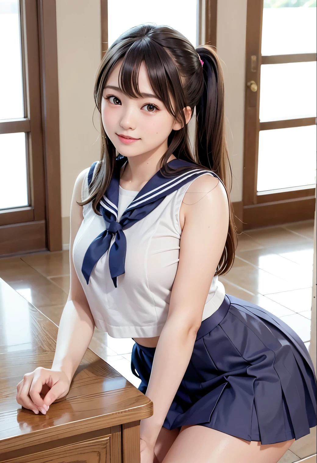 (highest quality,masterpiece:1.3,Ultra-high resolution),(Very detailed、Caustics) (Realistic:1.4, RAW shooting、)Ultra-Realistic Capture、Very detailed、Natural skin texture、masterpiece、(Japanese girls wearing high school sailor uniforms:1.3)、Adorable expression、Expressions of happiness、、Height: 148cm、Young Face、Amazingly cute、Twin tail hairstyle、Straight hair、Scrunchie、Black Hair、light makeup、Slightly large breasts、Bare arms、Shining thighs、Shining ass、Filmed in a junior high ackground in detail、(A pose where she lifts her skirt to show her panties) 、Satin fabric panties are visible、smile、An inviting gaze、Anatomically correct、Cowboy Shot、Attention to detail、Pose that emphasizes the legs、