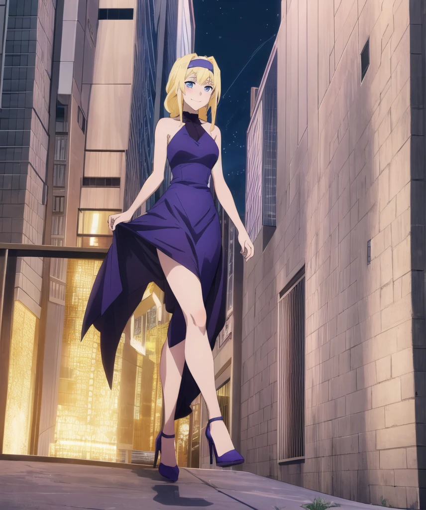 (masterpiece), ((high quality)), ((solo)), alice zuberg, (sapphire blue eyes), long blonde hair, (purple hairband), 1-large and thick hair braid, serene expression,slight blush smile, elegant (dark purple) evening dress, (wearing dark purple stilettos), [strolling serenely through an urban park at dusk], [[[[[while modern buildings loom in the background]]]]]