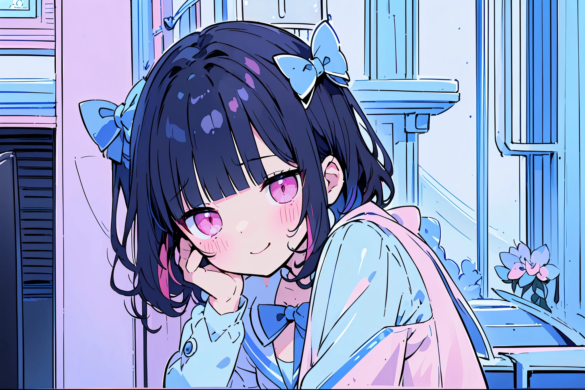 {{{{masterpiece}}}}, {{{Super detailed}}}, {{{high resolution}}},{{high resolution:1.3}}, {{good anatomy}}, (((best quality))), ((blueberry field,in school,indoor,blue theme,anime style,anime girl)),(((pink eyes,black hair streaked blue inside))),(big perfect eyes),(((formal suit in pure blue color))), hairclip, {8k cg wallpaper}, {{illustration,zoom in,focus on face,close-up shot, looking out a window}},((floating hair|blunt bangs|short hair|curly perm)),hair over shoulders,smile,(1girl:1), bride,solo,alone,(Color difference:1.2),emotionless,blushing,neat face,(medium breasts),((The details are complex、Shallow depth of field、movie lighting、a Canon EOS R5、50mm lens、f / 2.8、shot at 8k resolution))
