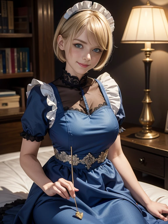 8K,Masterpiece,One woman,Smile,30 years old,blue eyes,Blonde Hair,Short Bob Hair,(Maid Dress),Ella Freya, a beautiful Dutch YouTuber（Ella Freya),