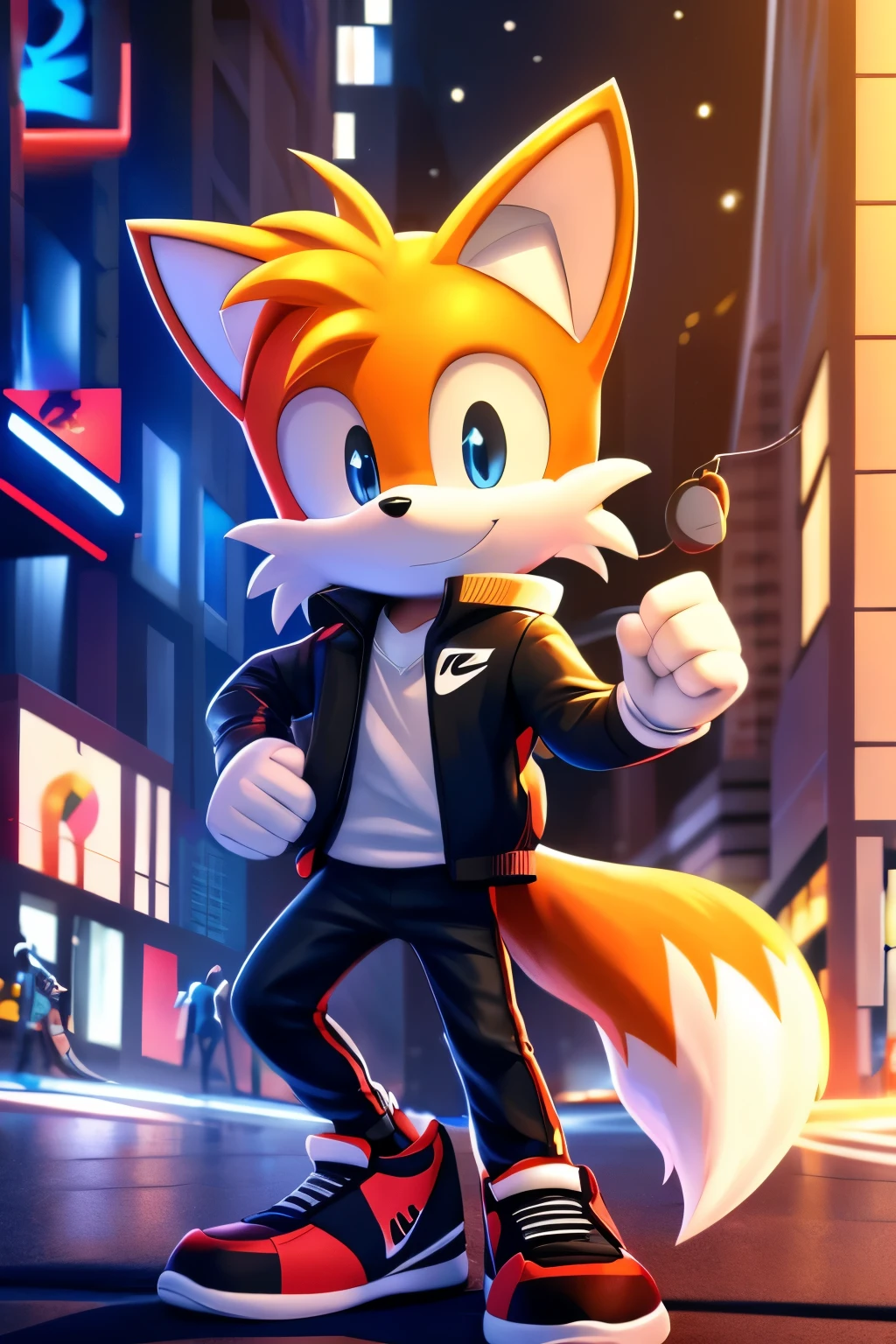 tails the fox happy, wearing white jacket with black t-shirt with rick astley stamp, a black jeans pants,  wearing nike red and black sneakers, headphones in his neck,  in the city, at night, dynamic lights, anime style, comic book style, digital art, intricated details, 8k