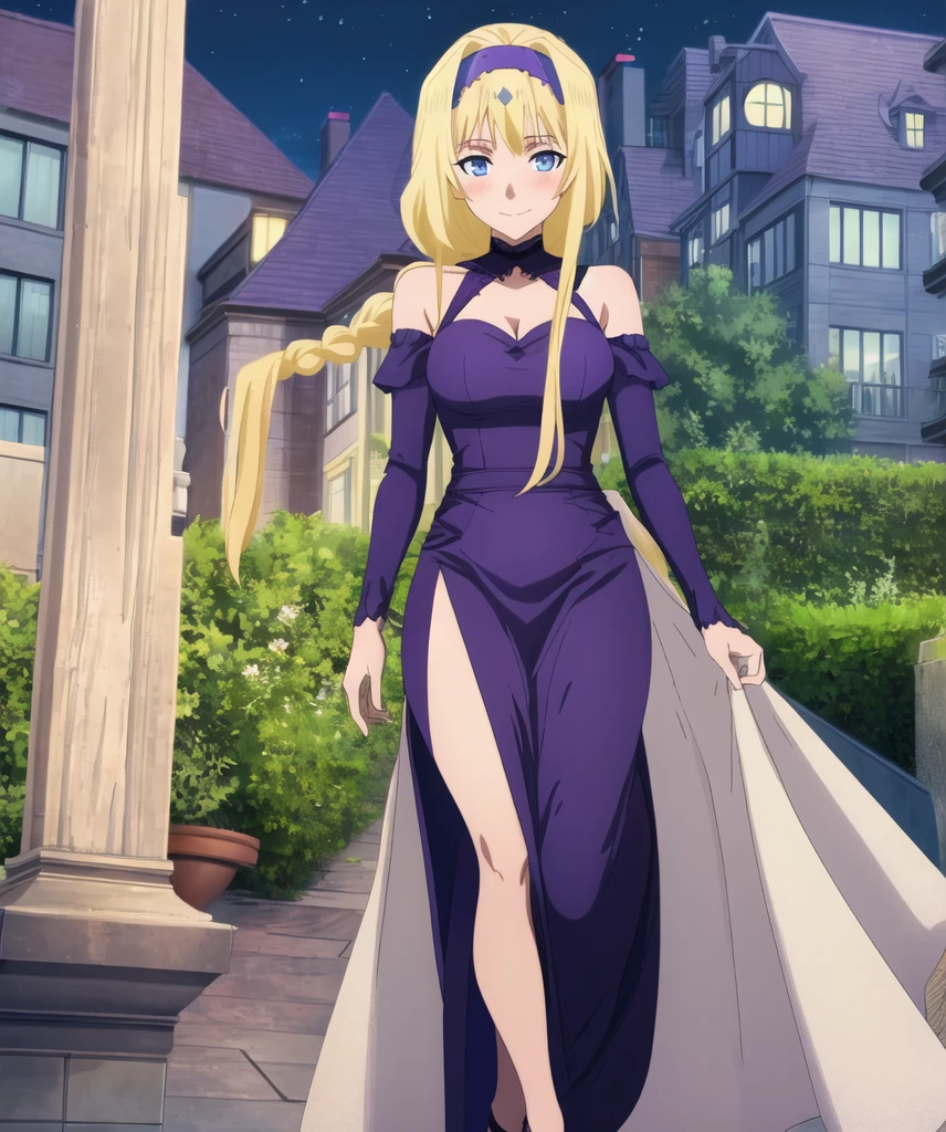 (masterpiece), ((high quality)), ((solo)), alice zuberg, (sapphire blue eyes), long blonde hair, (purple hairband), 1-large and thick hair braid, serene expression,slight blush smile, elegant (dark purple) evening dress, (wearing dark purple stilettos), [strolling serenely through an urban park at dusk], [[[[[while modern buildings loom in the background]]]]]