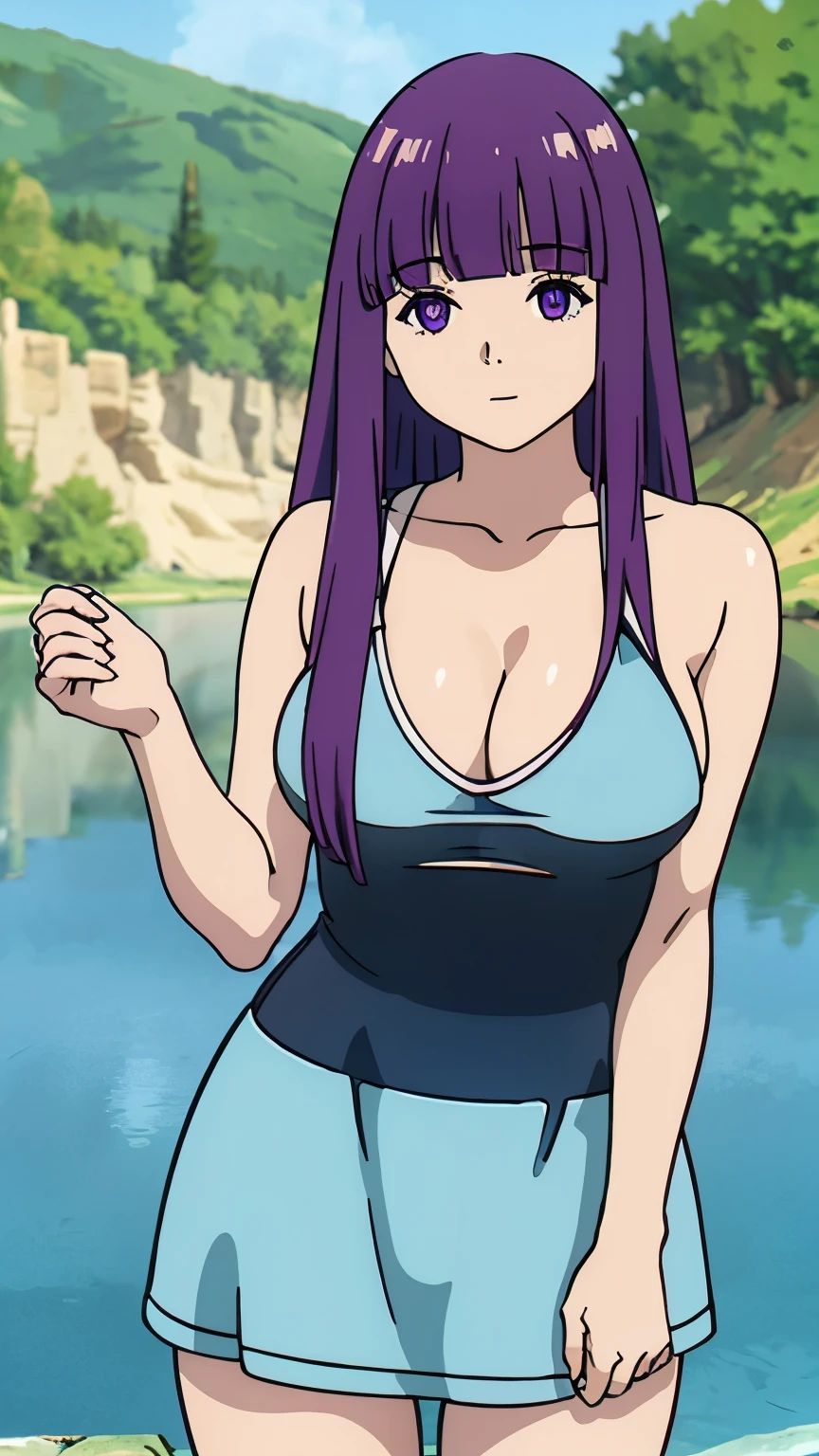((fern)),(masterpiece:1.2),(highest quality:1.2),(Ultra-high resolution:1.2),(8k:1.2),Realistic,photo Realistic,hyper Realistic,Smoother lighting,Super detailed,Improving the lighting quality of movies,Improvement of quality,Sharp focus,alone,girl1name,girl,Long Hair,(Large medium breasts, swimsuit, lake:1.3),Dynamic Angle,Watching the audience, In the center of the image,(Cowboy Shot:1.3),