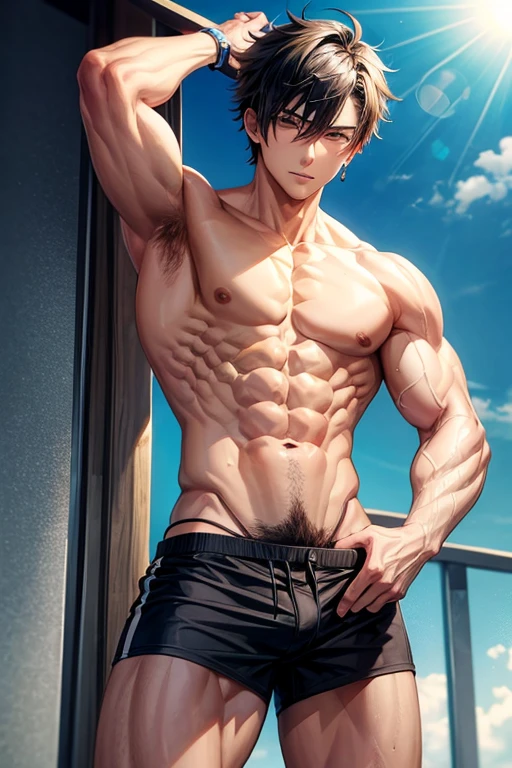 Hot anime boy pulling his pants down and shows hairy belly button and abs