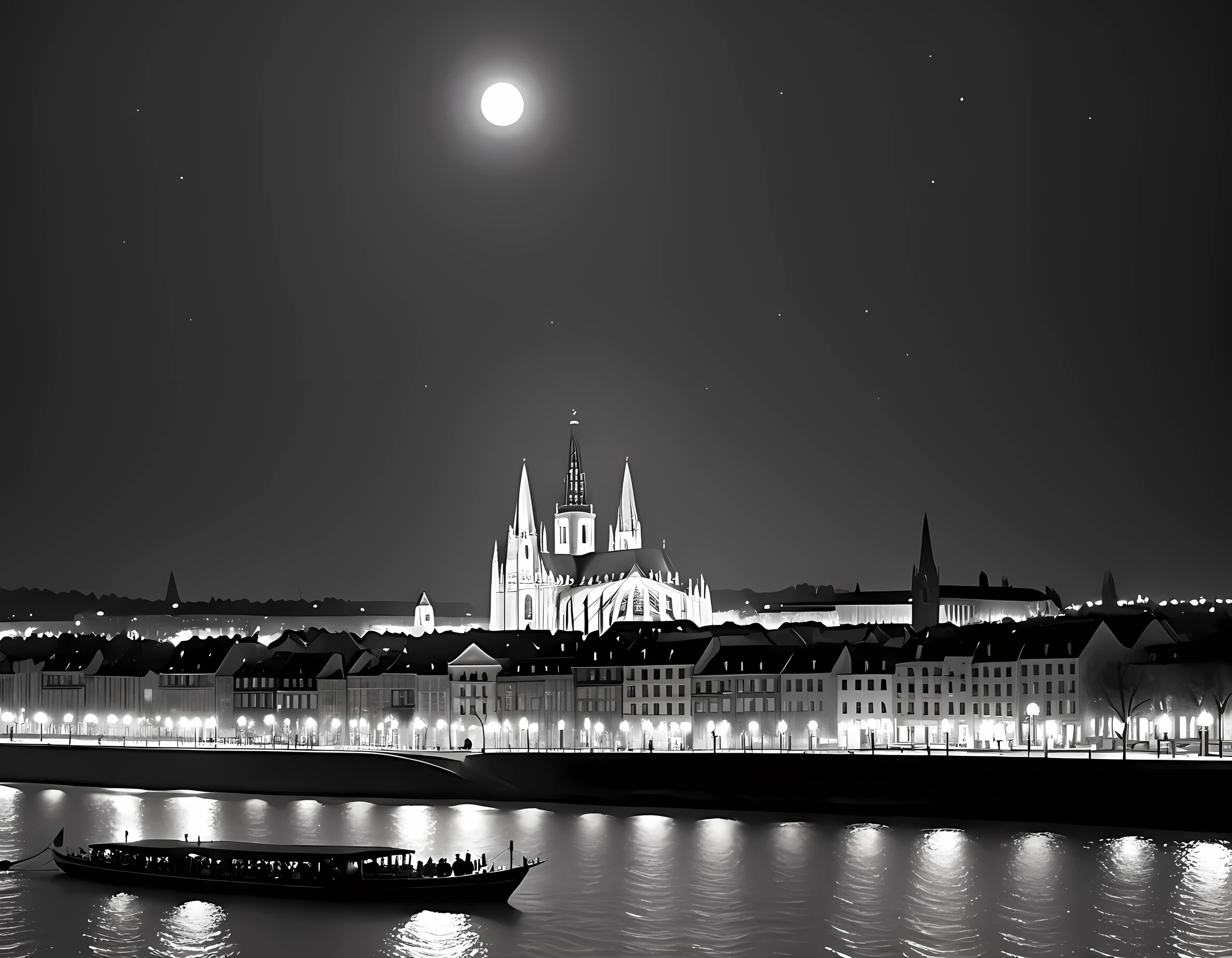  a black and white picture of an European city sky line view in the beginning of 20th century you can see, the church (intricate detailed, Masterpiece, best quality: 1.4), city center (intricate detailed, Masterpiece, best quality: 1.4), and some towers, its night time, the sky is full of stars, and the city is lit by lamps,  made by a late 19th century camera, star