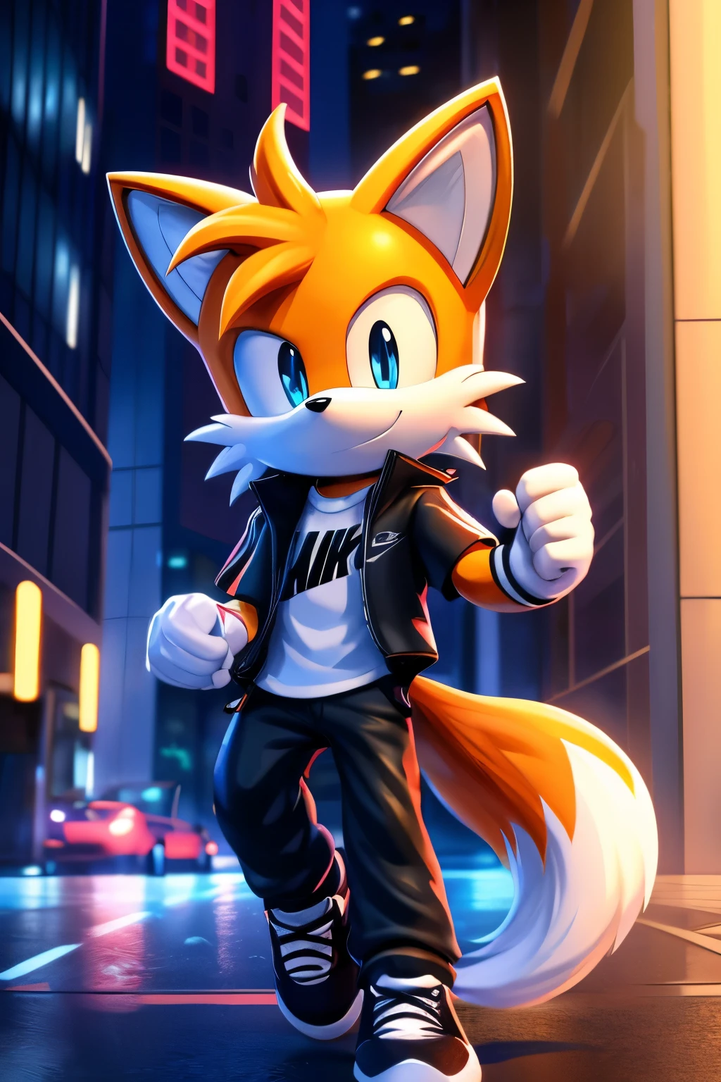 tails the fox happy, wearing white jacket with black t-shirt with rick astley stamp, a black jeans pants, wearing nike red and black sneakers, headphones in his neck, in the city, at night, dynamic lights, anime style, comic book style, digital art, intricated details, 8k