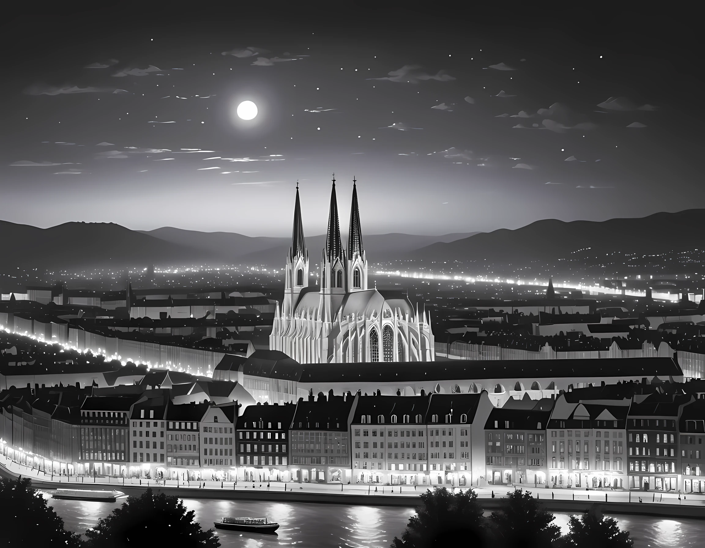  a black and white picture of an European city sky line view in the beginning of 20th century you can see, the church (intricate detailed, Masterpiece, best quality: 1.4), city center (intricate detailed, Masterpiece, best quality: 1.4), and some towers, its night time, the sky is full of stars, and the city is lit by lamps,  made by a late 19th century camera, star