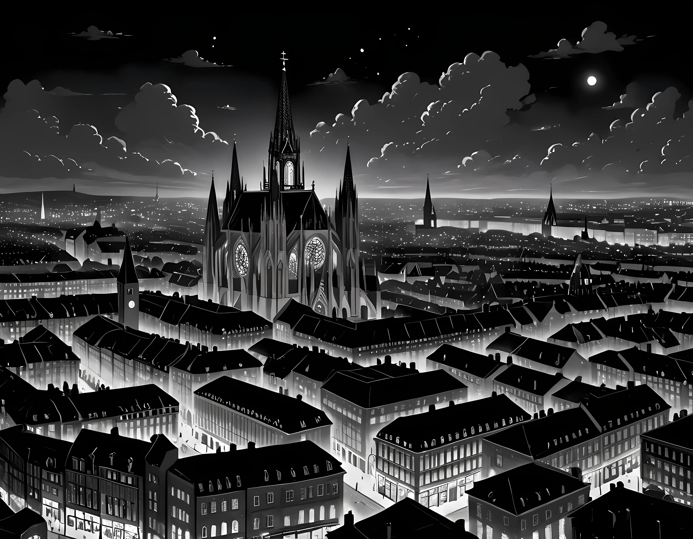  a black and white picture of an European city sky line view in the beginning of 20th century you can see, the church (intricate detailed, Masterpiece, best quality: 1.4), city center (intricate detailed, Masterpiece, best quality: 1.4), and some towers, its night time, the sky is full of stars, and the city is lit by lamps,  made by a late 19th century camera, star