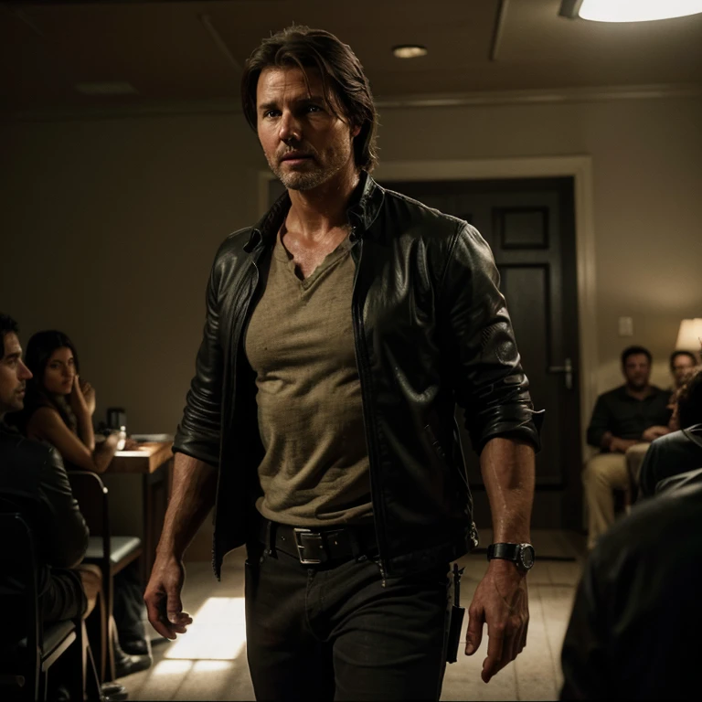 Tom Cruise como Rick Grimes de The Walking Dead,medio cuerpo, XF IQ4, 150 megapixels, 50mm, ISO 1000, 1/250s, luz natural, sala de luz de adobe, photolab, Foto de afinidad, FotoDirector 365