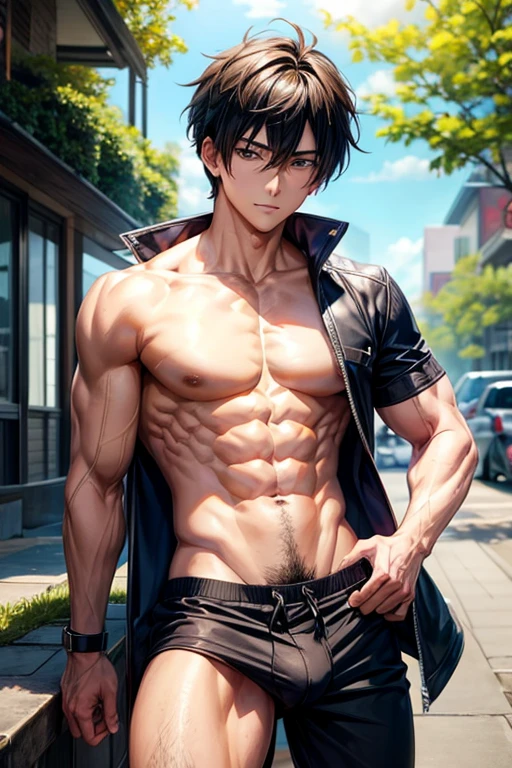 Hot anime boy pulling his pants down and shows hairy belly button and abs