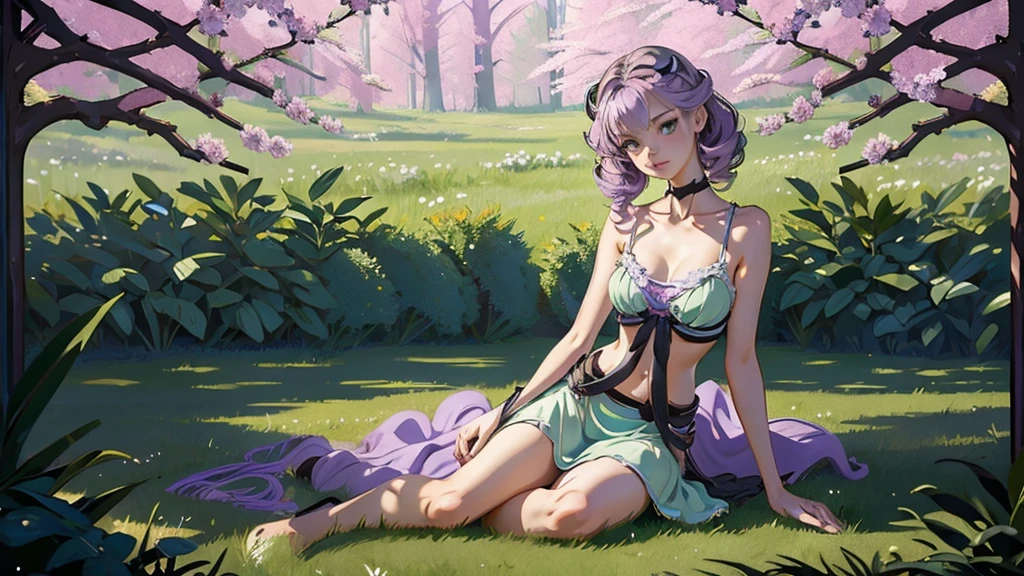 (masterpiece), (best quality), (detailed), light layer, 1solo girl, young girl, perfect body, purple hair in curls, defined large chest, small waist,defined collarbone, ultra realistic, photorealistic, detailed, ,Enhance, wearing a light green sundress, garden background, dusk skies, sitting on the grass