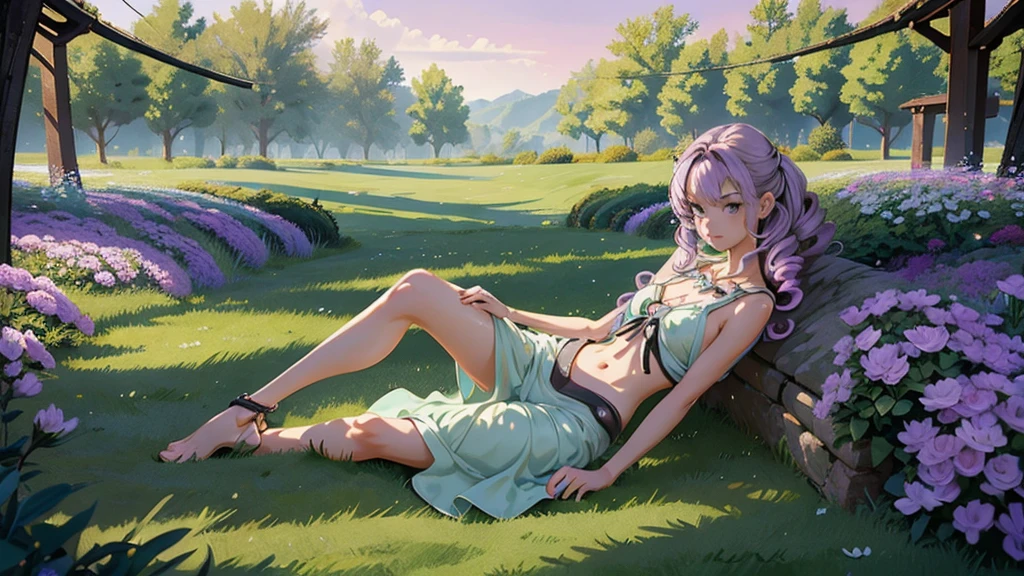 (masterpiece), (best quality), (detailed), light layer, 1solo girl, young girl, perfect body, purple hair in curls, defined large chest, small waist,defined collarbone, ultra realistic, photorealistic, detailed, ,Enhance, wearing a light green sundress, garden background, dusk skies, sitting on the grass