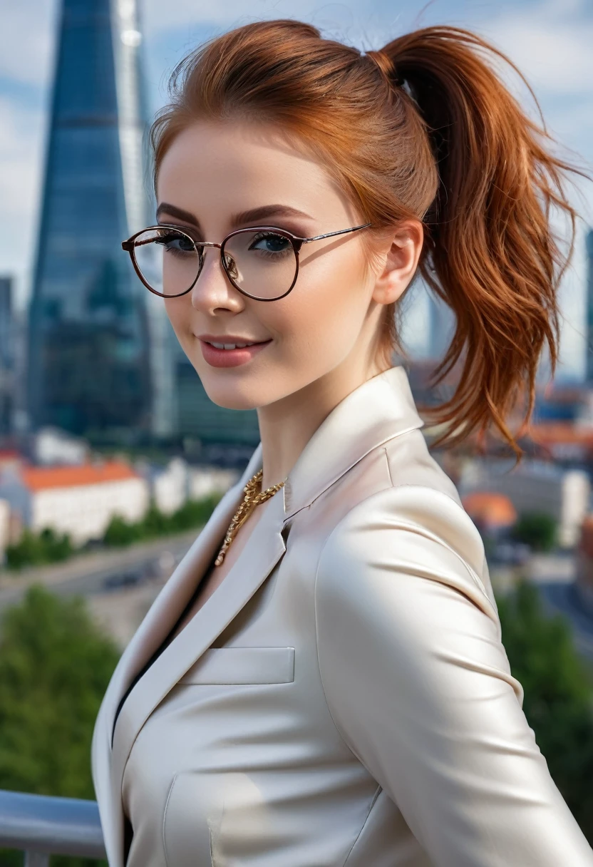hyperrealistic beautiful busty 18-year-old women wearing latex men's suit jacket and trousers, glasses, model shooting full body photography, view from behind, natural redhead short straight ponytail, dark eye makeup with eyeliner, seductive smile, small necklace, 8K, Best quality, Meisterwerk, ultra high resolution, (Realismus: 1.4), Originalfoto, (realistische Hautstruktur: 1.3), (Filmkorn: 1.3), (Selfie-Winkel), 1 girl, Beautiful round hazel eyes and facial details, Meisterwerk, Best quality, selfie-pic-posing outside with modern city skyline, nsfw