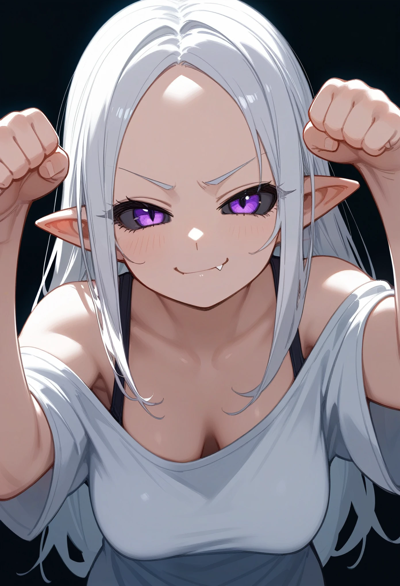 Best quality, score_9, score_8_up, score_7_up, 1girl, purple eyes, black sclera, white hair, long hair, parted bangs, pointy ears, paw pose, clenched fists, white oversize shirt, off shoulder, short sleeves, saggy shirt, closed mouth, smug :3, fang, leaning forward, medium breasts, woman, looking at viewer, upper body, black background, upper body, zoom out, 