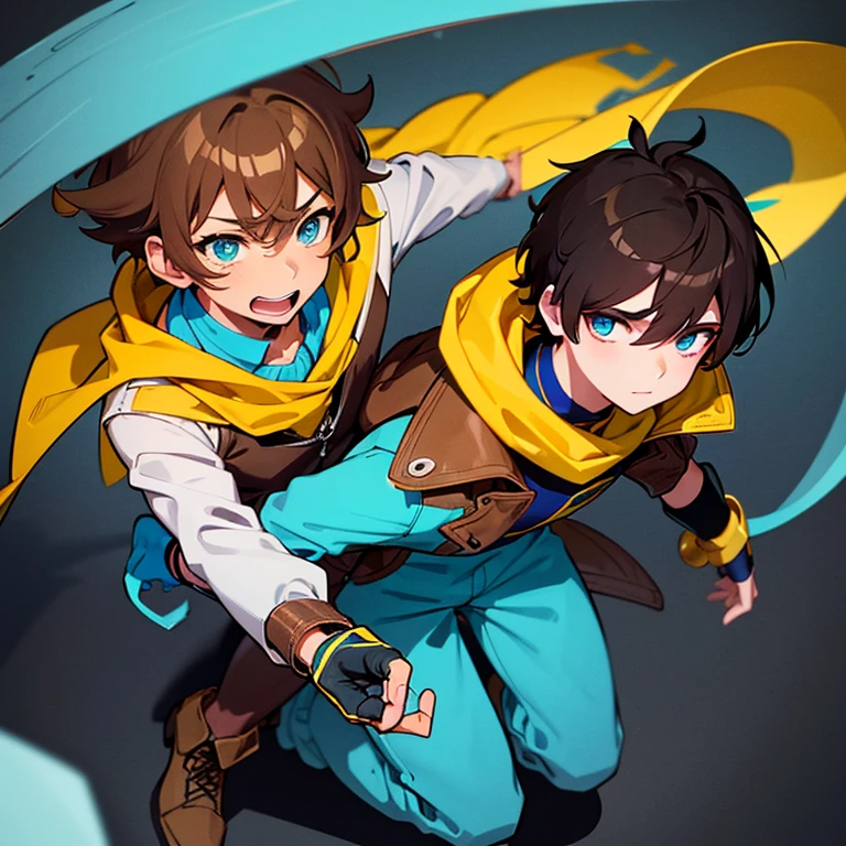 Cyan eyed boy with dark brown hair who wears a brown jacket and a yellow shirt with brown pants and cyan shoes with cyan gloves who wears a yellow scarf around his neck.