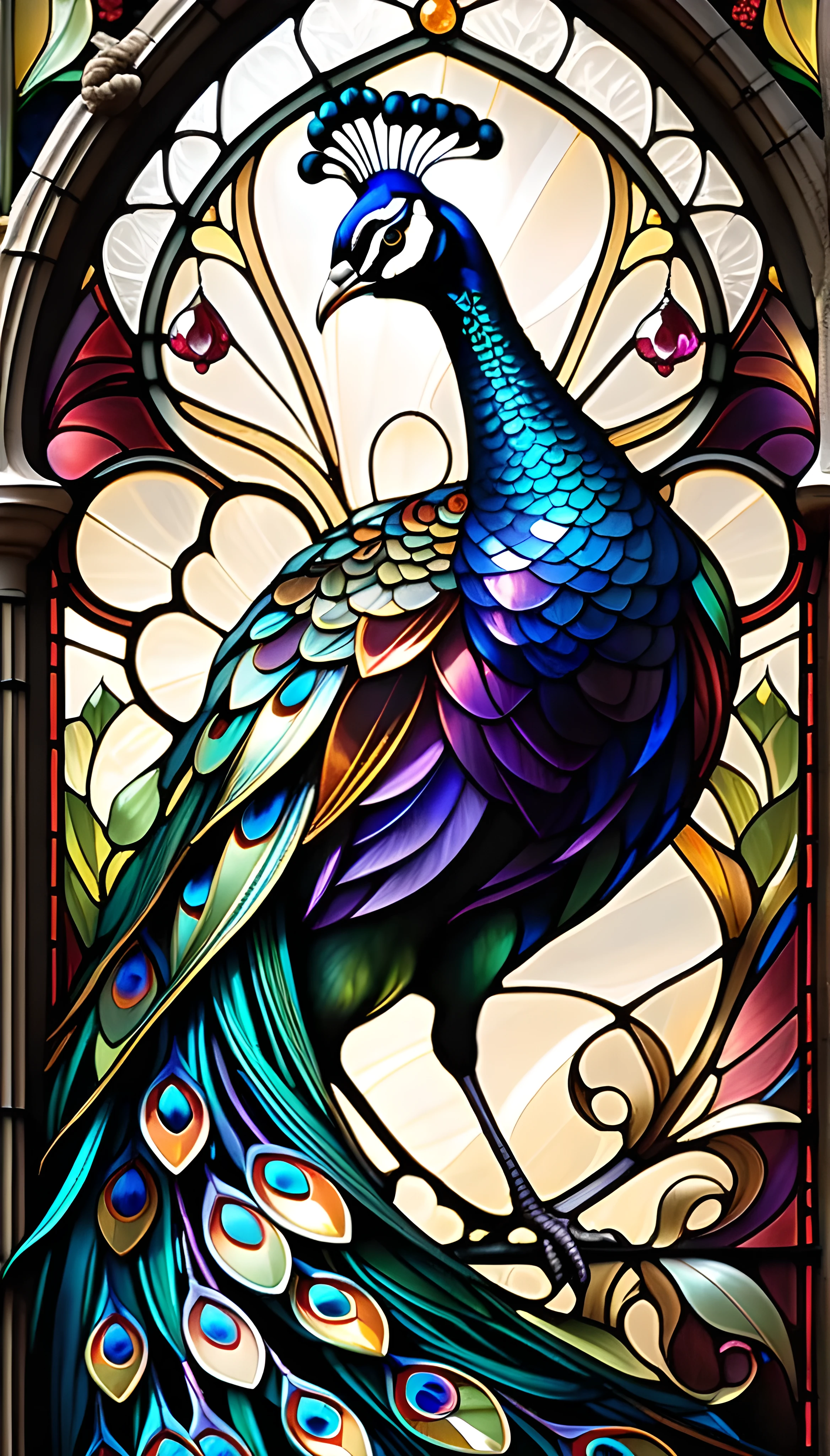 (best quality,4k,highres,photorealistic:1.2),gothic stained glass art style, mystic peacock, triadic colors, baroque, Craola, highly detailed stained glass, crystals, labradorite iridescent crystals, Andy Kehoe, John Blanche, complex highly detailed background, fantasy, filigree detailed, intricate