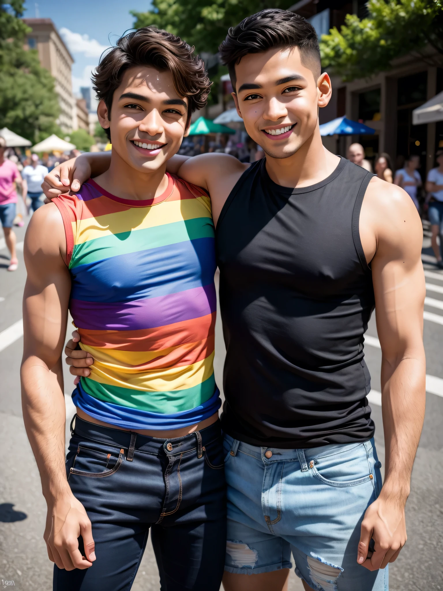 (2men, photorealistic:1.4, ultra realistic, masterpiece:1.2, best quality, 4k, 8k), 2 handsome males in their 20s enjoying the gay pride parade, wearing rainbow colored tank tops and denim shorts, celebrating gay pride, gay, rainbows, rainbow flag, pride flag, gay pride, high energy, happy and fun moments, big smiles, delicate skin, detailed face, ultra realistic skin, youthful innocence, shot on Nikon d850 50mm, dlsr, RAW, outdoor sunny day lighting