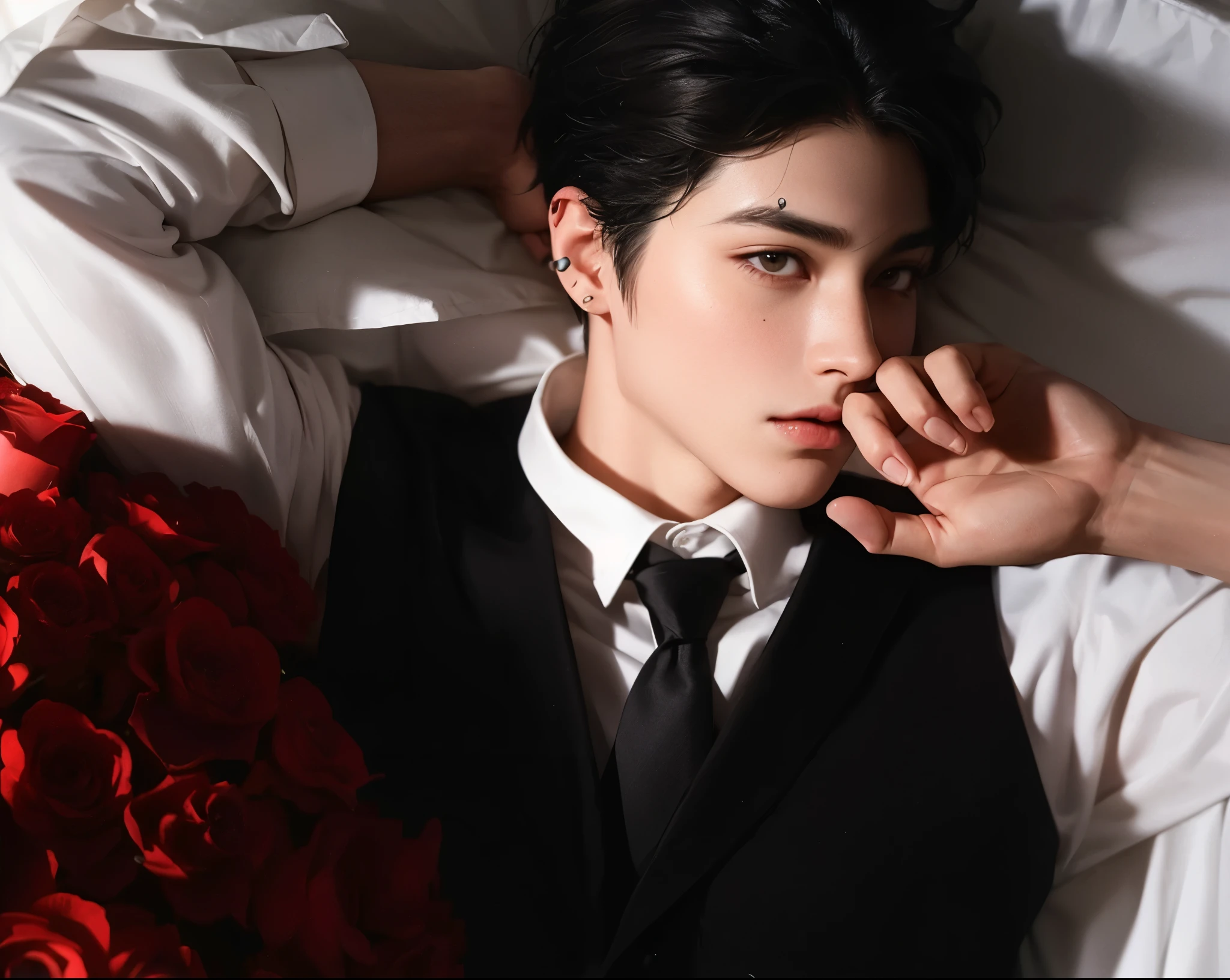 hay un hombre acostado en una cama con una almohada roja, Cai Xu Kun, beautiful androgynous prince, jungkook, kim taejin, delicate androgynous prince, Won Bin Lee, yoongi de pelo ?????, hyung tae, jinyoung shin, ✨🕌🌙, handsome prince, sha xi, kim doyoung, handsome young prince