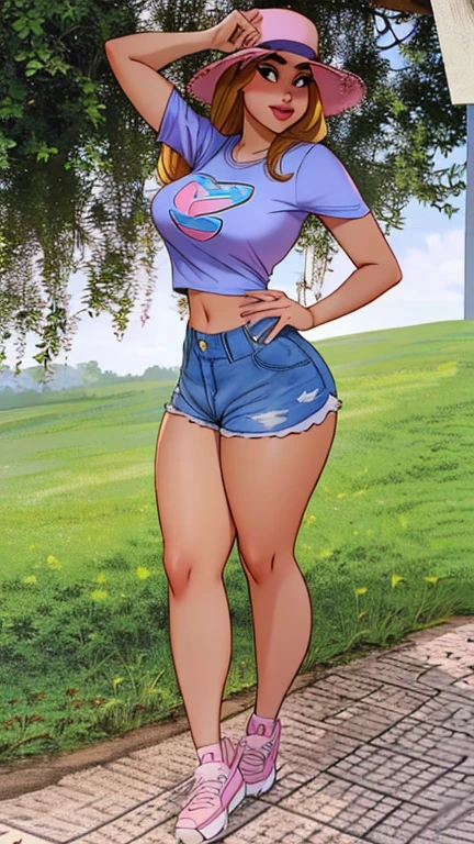 disney pixar, 8k, a woman in a pink hat and blue shorts posing for a photo, thin waist and thick hips, thick legs, thick thighs, short jeans, sexy girl wearing shorts, dressed in top and shorts, nice hips and long legs , crop top and shorts, thighs!!!! Wonderful, exposed thighs!!!, round thighs, thick body, thighs!!!!! Wonderful, short shorts