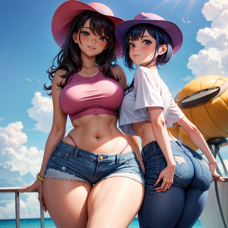 disney pixar, 8k, a woman in a pink hat and blue shorts posing for a photo, thin waist and thick hips, thick legs, thick thighs, short jeans, sexy girl wearing shorts, dressed in top and shorts, nice hips and long legs , crop top and shorts, thighs!!!! Wonderful, exposed thighs!!!, round thighs, thick body, thighs!!!!! Wonderful, short shorts