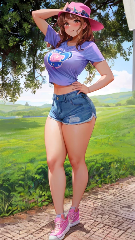 disney pixar, 8k, a woman in a pink hat and blue shorts posing for a photo, thin waist and thick hips, thick legs, thick thighs, short jeans, sexy girl wearing shorts, dressed in top and shorts, nice hips and long legs , crop top and shorts, thighs!!!! Wonderful, exposed thighs!!!, round thighs, thick body, thighs!!!!! Wonderful, short shorts