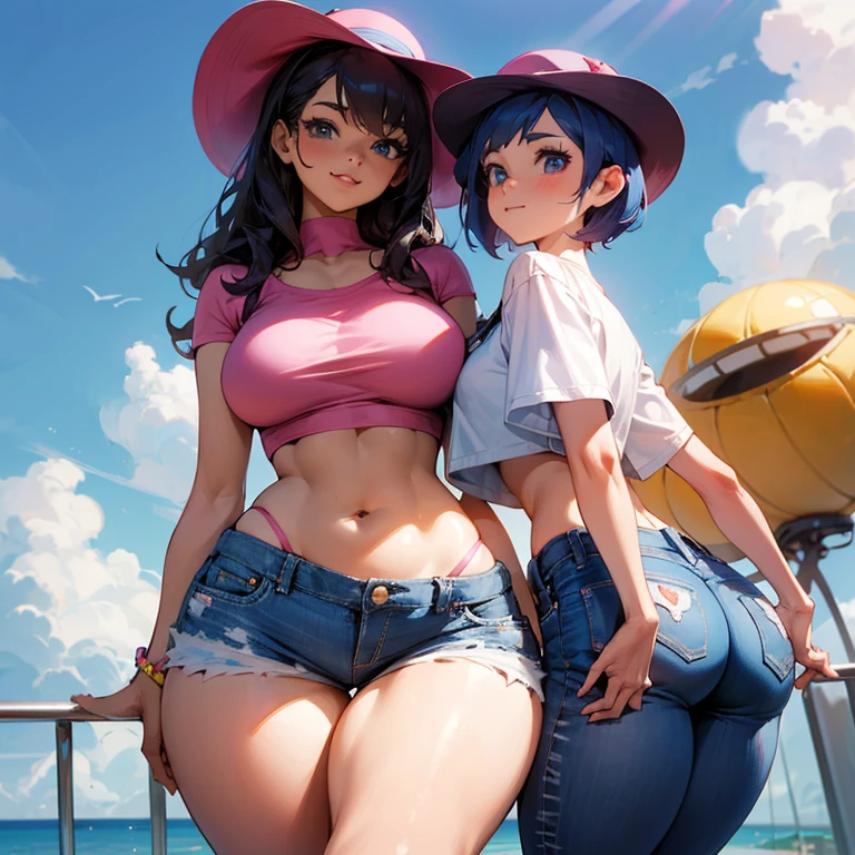 disney pixar, 8k, a woman in a pink hat and blue shorts posing for a photo, thin waist and thick hips, thick legs, thick thighs, short jeans, sexy girl wearing shorts, dressed in top and shorts, nice hips and long legs , crop top and shorts, thighs!!!! Wonderful, exposed thighs!!!, round thighs, thick body, thighs!!!!! Wonderful, short shorts