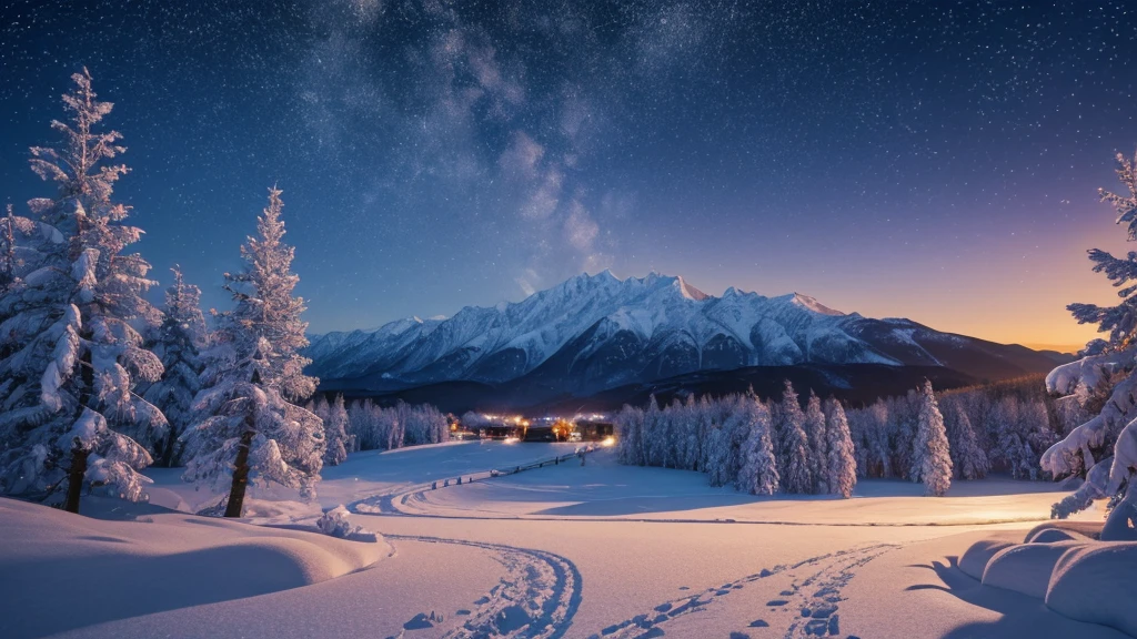 (best quality,4k,8k,highres,masterpiece:1.2),ultra-detailed,realistic,tranquil countryside, peaceful snowy night, picturesque scenery,vivid colors,bokeh