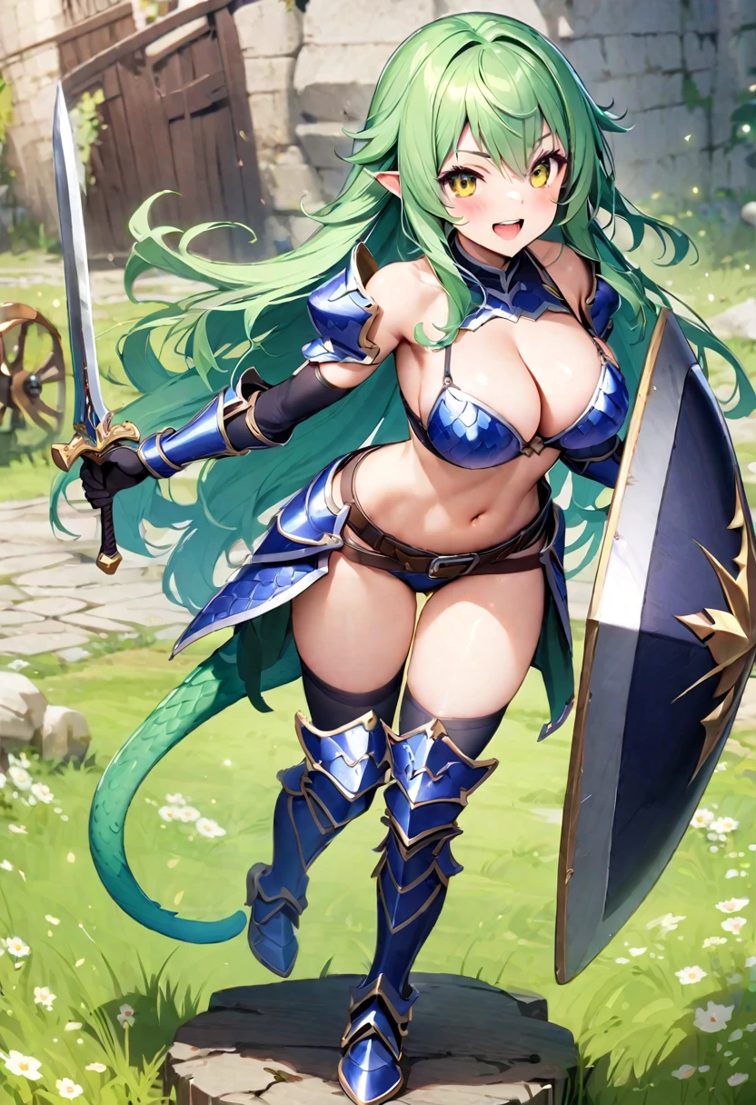 (masutepiece, Best Quality),shield, 1girl, weapon, solo, faux-figurine, holding-shield, long-hair, breasts, sword, green-hair, holding, navel, armor, holding-weapon, open-mouth, large-breasts, grass, looking-at-viewer, full-body, holding-sword, belt, smile, thighhighs, cleavage, shoulder-armor, yellow-eyes, monster-girl, tail, standing, gauntlets, flower, midriff, standing-on-one-leg, bangs, scales, helmet, bare-shoulders pauldrons, blush, green-tail, bikini-armor, upper-teeth-only, pelvic-curtain, teeth, armored-boots, blue-thighhighs, very-long-hair, black-thighhighs, wavy-hair, knight