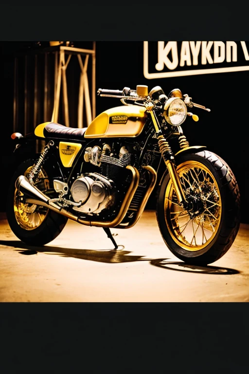 Cafe racer style motorcycle in gold colors with a mechanic workshop background