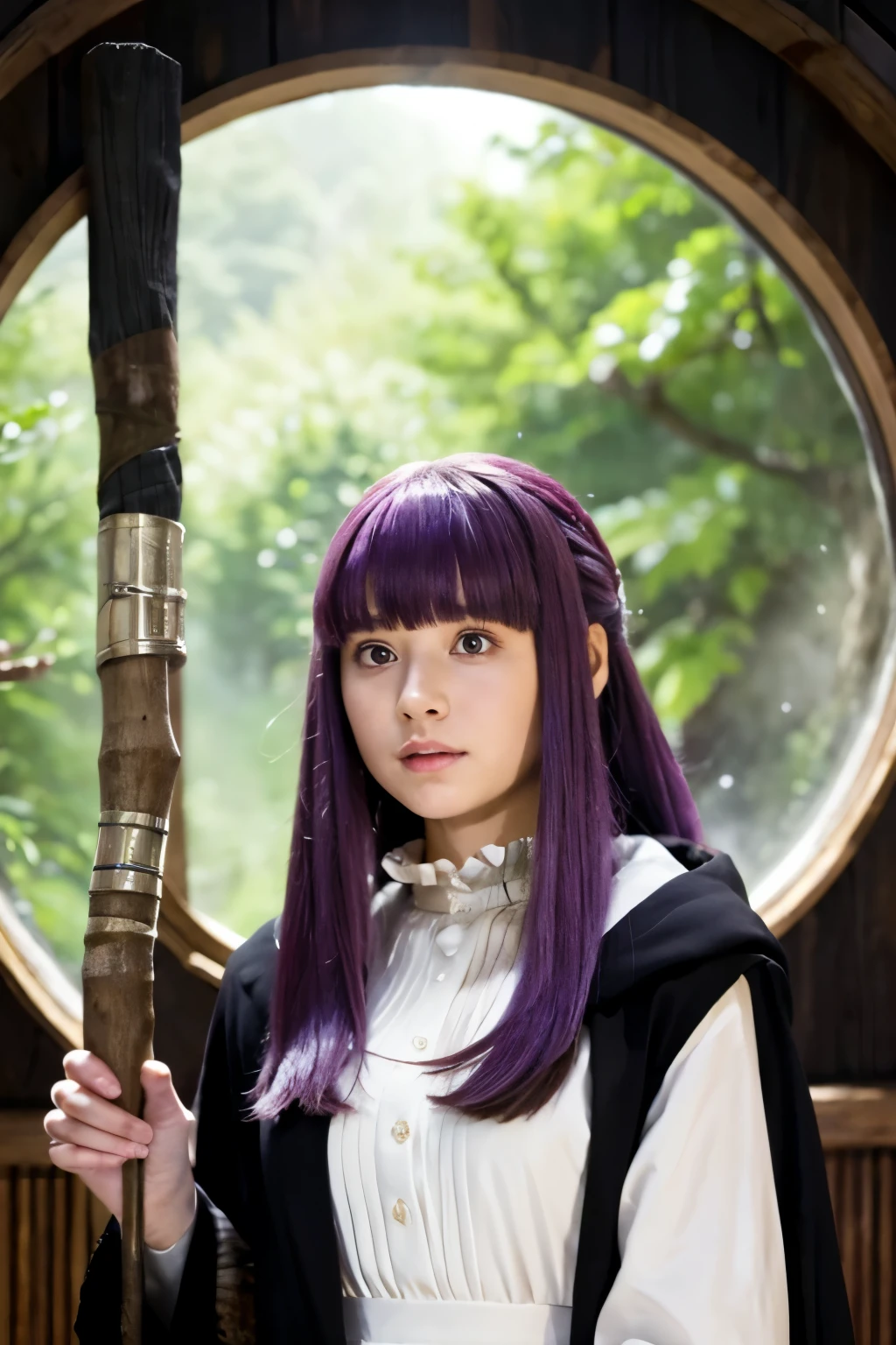 live-action, photo of, A scene inspired by the manga 'Frieren: Beyond Journey's End', fern, A hyper-realistic movie photograph of a beautiful cute girl with long, straight::1.5 purple hair and blunt bangs cropped bangs, purple eyes, She is standing in a wooden room with large windows, holding a staff wooden stick with a curved end, She is wearing a long, flowing white dress Ruffles around the neck with a black cloak. The scene captures a serene and mystical atmosphere, reflecting the essence of a fantasy movie