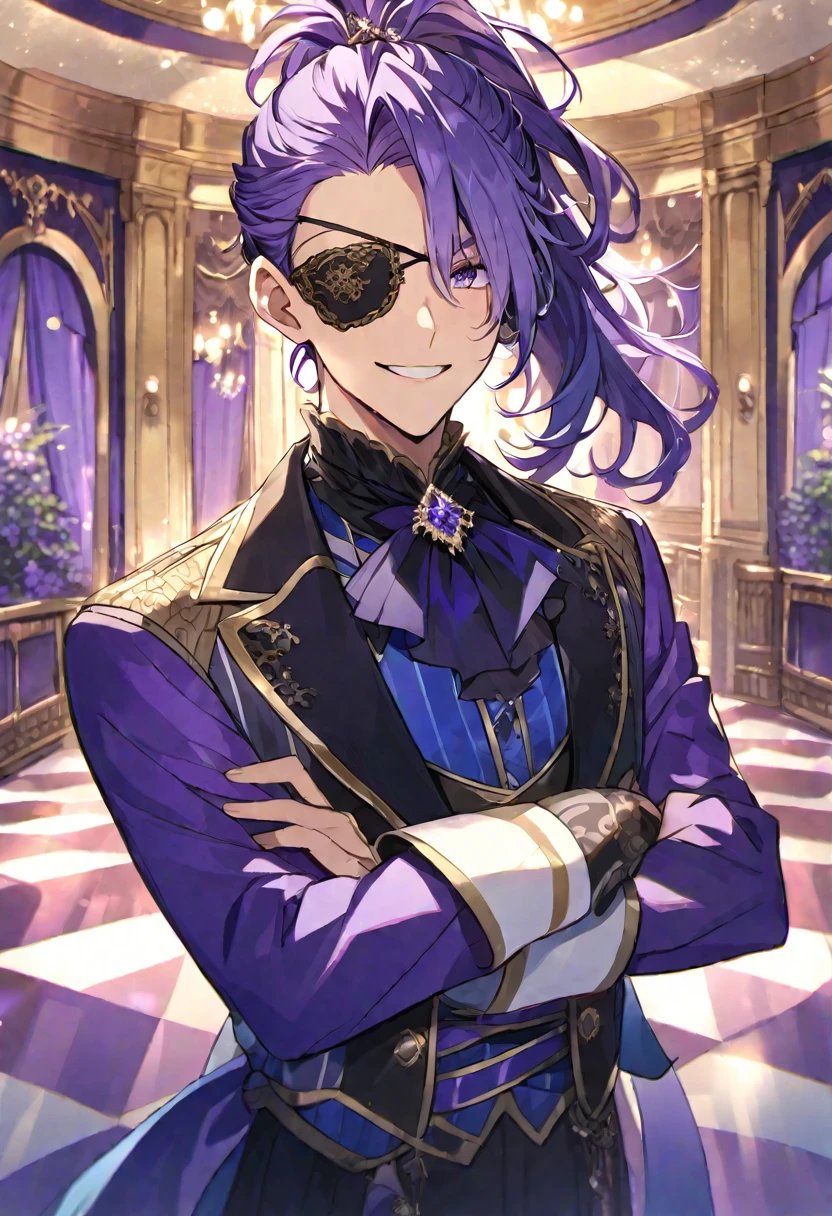 Solo, Male, purple hair, ponytail, an eyepatch over left eye, fancy clothing, royalty ballroom background, crossing arms, smiling