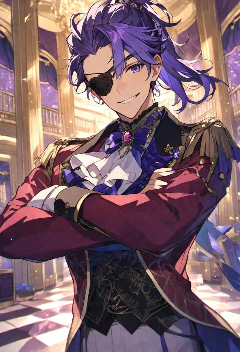 Solo, Male, purple hair, ponytail, an eyepatch over left eye, fancy clothing, royalty ballroom background, crossing arms, smiling