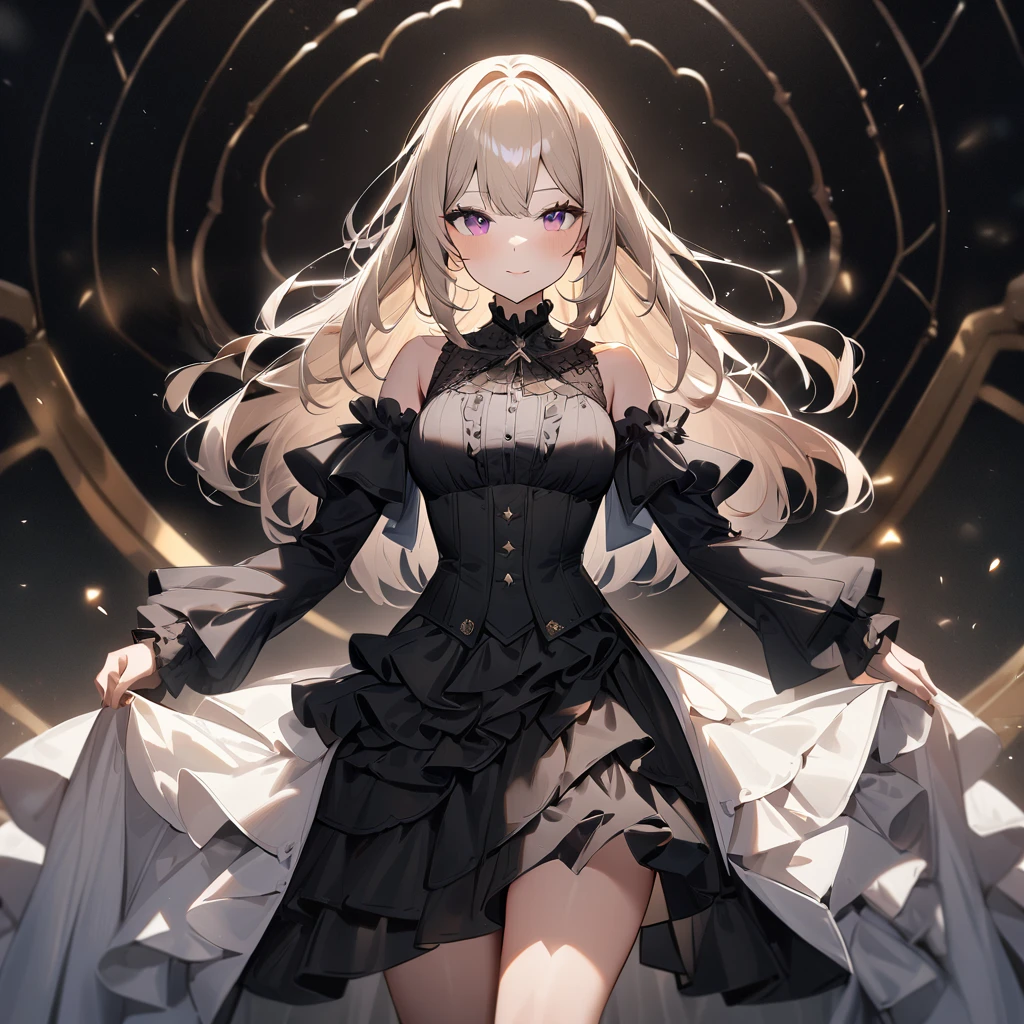 1 girl,best quality, very aesthetic, absurdres,looking at viewer,front view,Lovely lady,high-grade,layer,westfrill,light hair,multilayer,black,trim,(side-Crisscross:1.5)