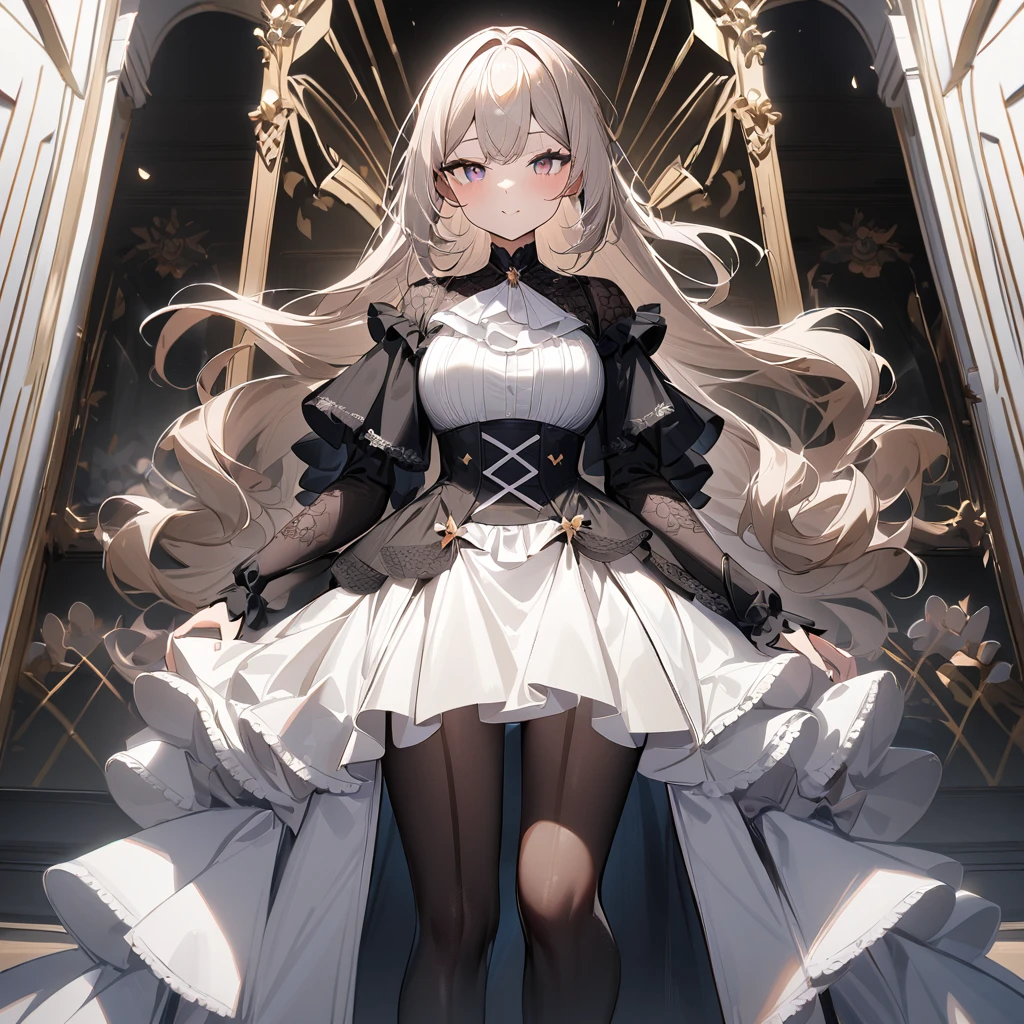 1 girl,best quality, very aesthetic, absurdres,looking at viewer,front view,Lovely lady,high-grade,layer,westfrill,light hair,multilayer,black,trim,(side-Crisscross:1.5)