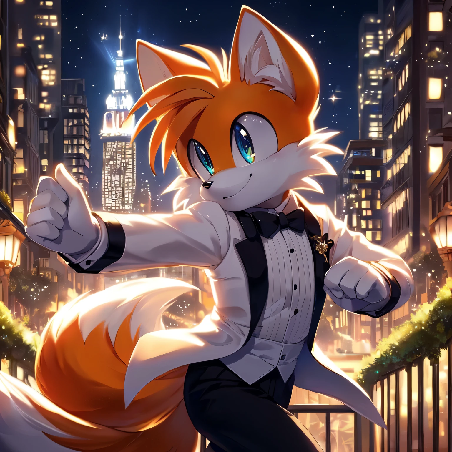 tails the fox wearing white tuxedo, dancing in the city, night, anime style, 