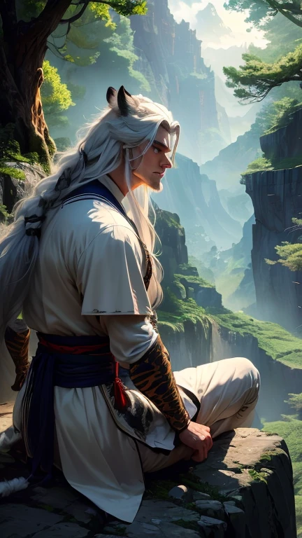 Tall, handsome, strong man with long silver hair with blue tufts, wearing a samurai kimono in albino tiger patterns, with a katana tied at his waist, sitting at the edge of a cliff in front of a forest, along with a huge albino tiger covered in palladium armor