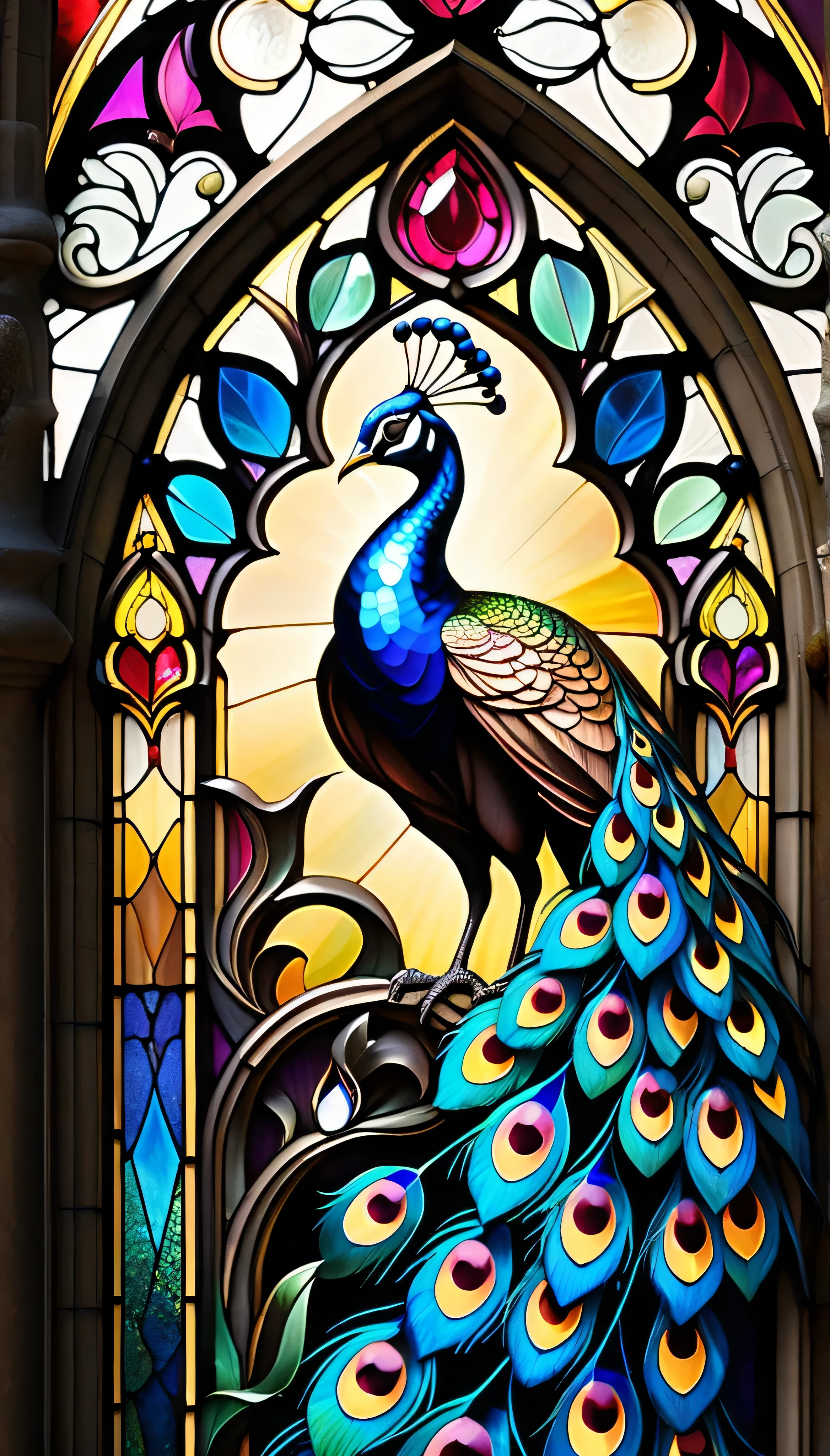 (best quality,4k,highres,photorealistic:1.2),gothic stained glass art style, mystic peacock, triadic colors, baroque, Craola, highly detailed stained glass, crystals, labradorite iridescent crystals, Andy Kehoe, John Blanche, complex highly detailed background, fantasy, filigree detailed, intricate