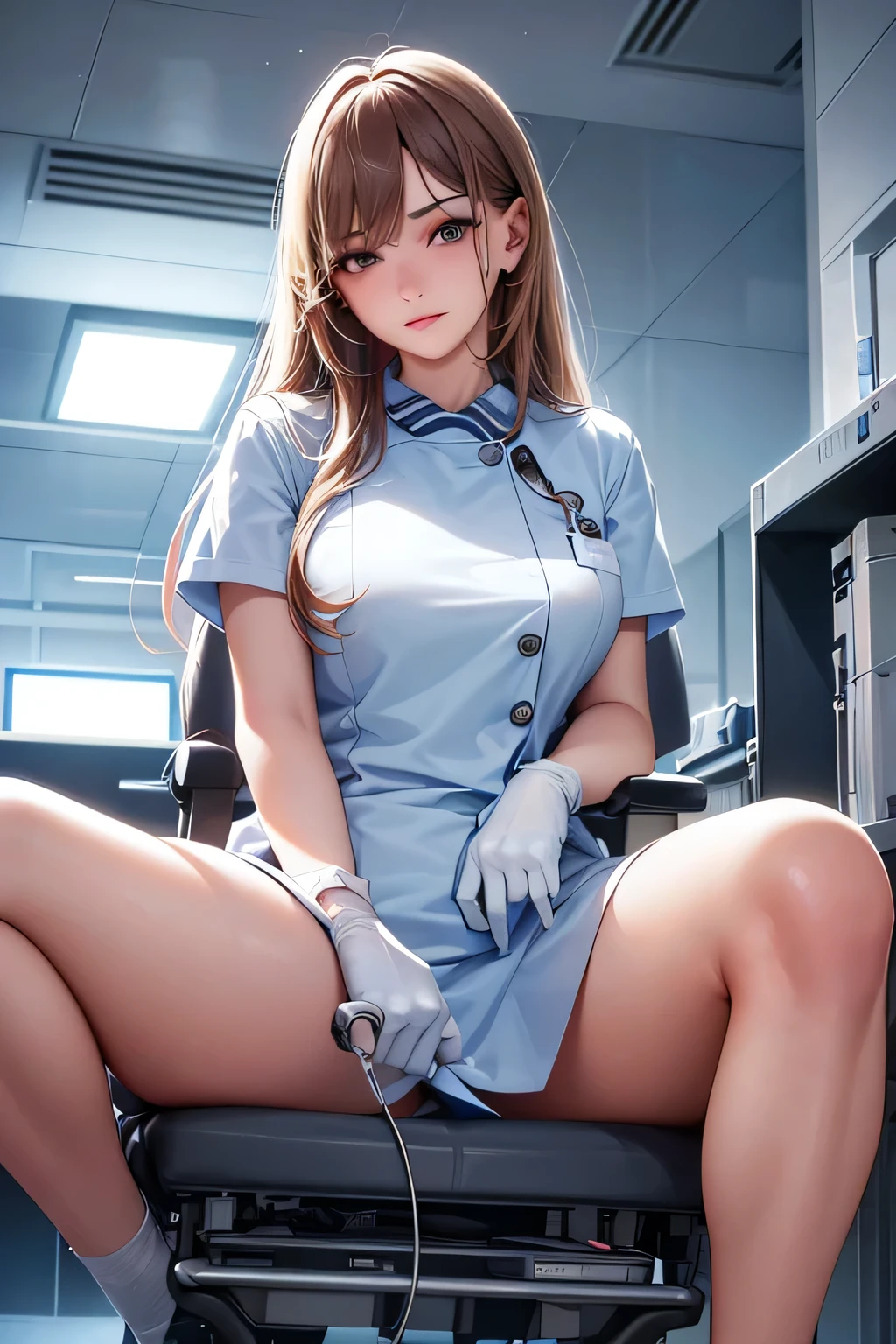 age girl being examined on a gynaecology table, medical equipment around her, medical light, medications, worried face expression, spread wide legs, (best quality,4k,8k,highres,masterpiece:1.2), ultra-detailed, (realistic,photorealistic,photo-realistic:1.37), professional, detailed facial features, long eyelashes, detailed lips, expressive eyes, medical gown, sterile environment, doctor's gloves, focused doctor, sterile surgical tools, advanced medical technology, soft lighting, calm atmosphere.