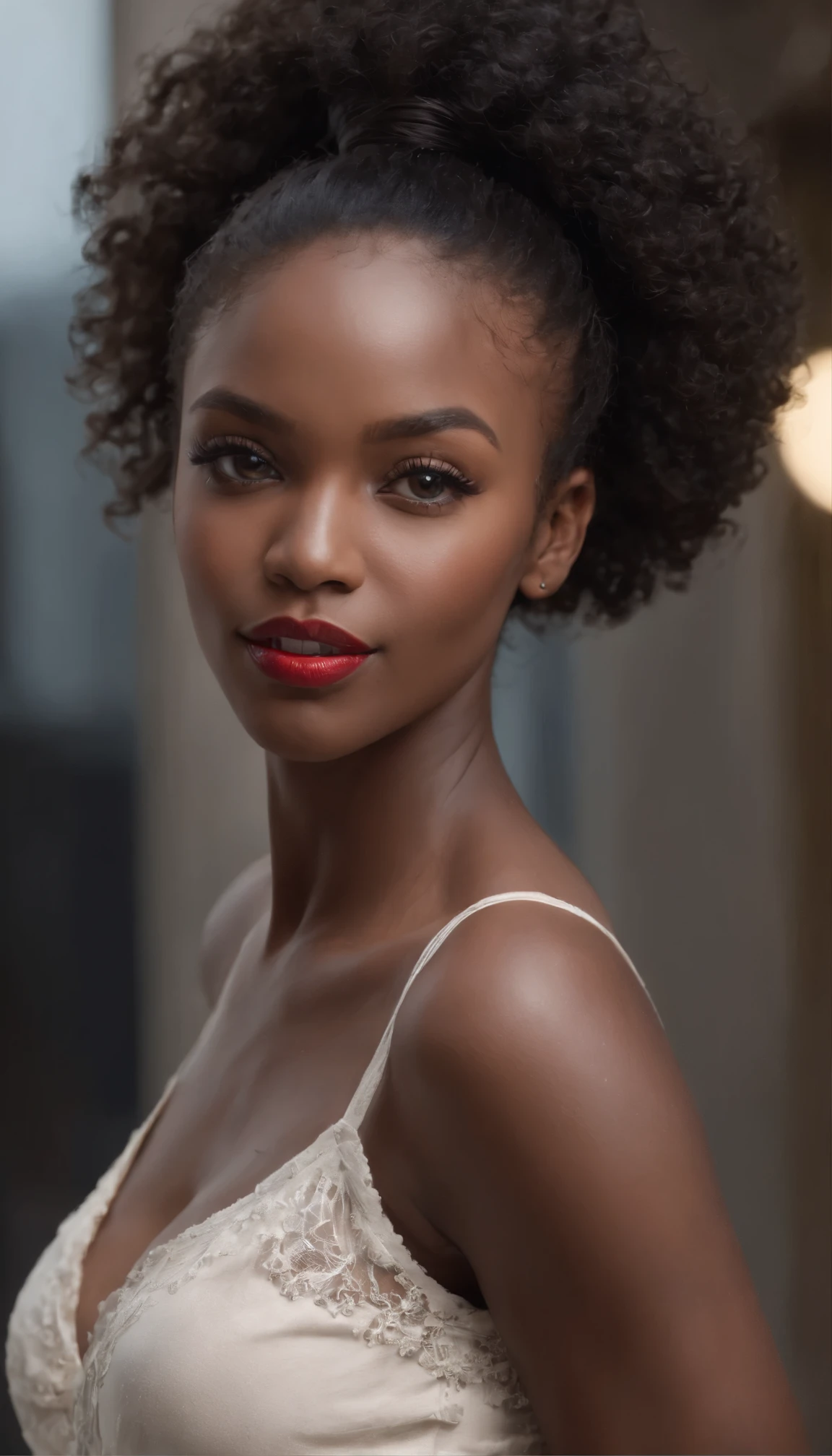 ((Dark African skin, Very deep ebony skin)), ((Its beauty is undeniable)), ((Excited cute face)), ((Hyper detailed perfect eyes,)), ((pose mignonne)), ((Langue sortie)), ((Seductive )), sexy, (( Tight mesh shirt, shorts courts sexy)), ((Afro ponytail with long African curly hair,)), (( peau)), (( gros seins )), ((debout, vue de face)), ((toucher ses propres jambes dans une pose sexy)), ((dehors, Ville publique)), Sharp Focus CGI, photoreallistic, High detail, Realstic, Masterpiece, absurdes, Best quality, Hdr, High quality, high-definition, Extremely detailed, 8k wallpaper, Intricate details, 8K UHD, Full-HD, (photo realist:1.2), contraste, intense illumination, lighting cinematic, natural lighting, hard light, contre-jour, Illumination globale, occlusion ambiante, bare ebony spread to show dirty, Workwear, Elegant, respectueuse, with red lipstick.