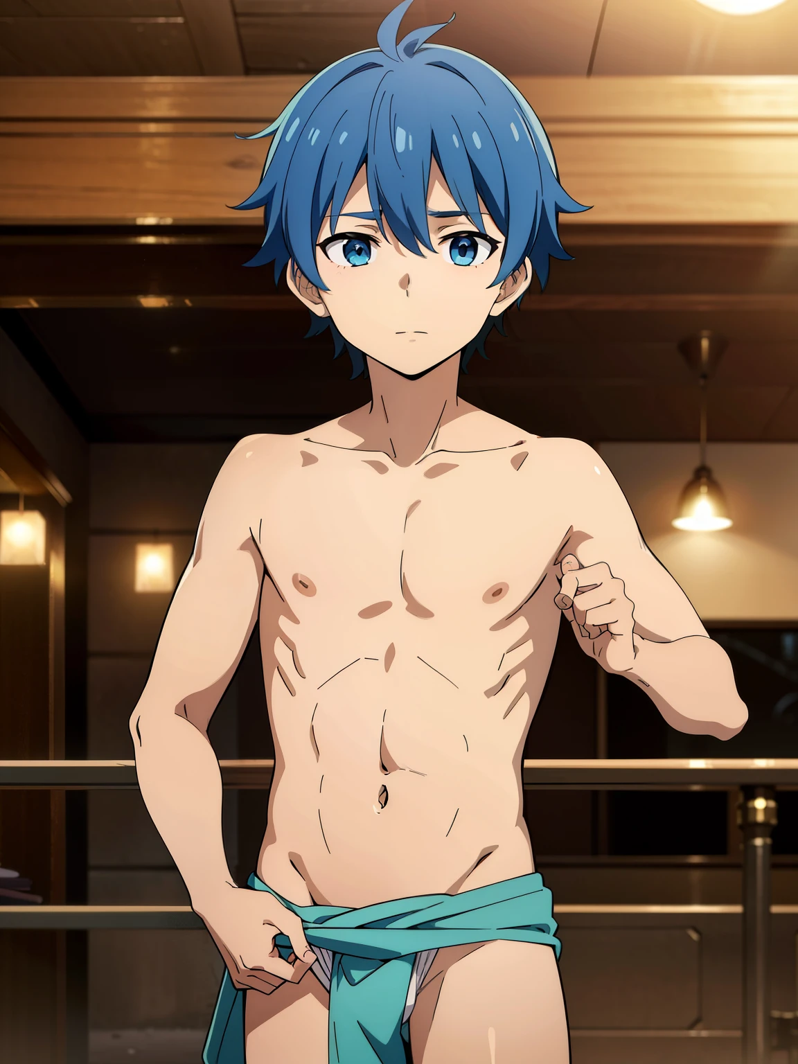 Highres, Masterpiece, Best quality at best,Best Quality,hight quality, hight detailed, 1boy, Boy,Fluffy hair, Side bangs, Shota, Thin young boy without a shirt, Blue hair, he walks lost looking at a city, 14-years-old, Egyptian tribal loincloth, (very young boy), s, Blurry and simple beckground, bokeh, Uhd