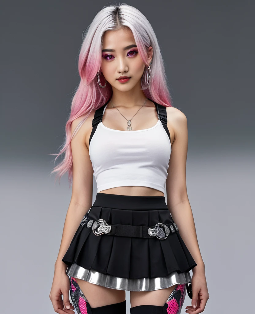 A girl with long grey and Pink mixed hair with dots of vermillon snakes asscesories. Burgundy eyes. wearing a white criss-ross tank top. An oval cut-out is also in the centre of the top. Attached to the top is straps and buckled. White pleated skirt. The Character akso has silver rings in the edge of the skirt. Sliver cyber glider boots. Attach to the soles of the boots is blue glider discs. hoodie.