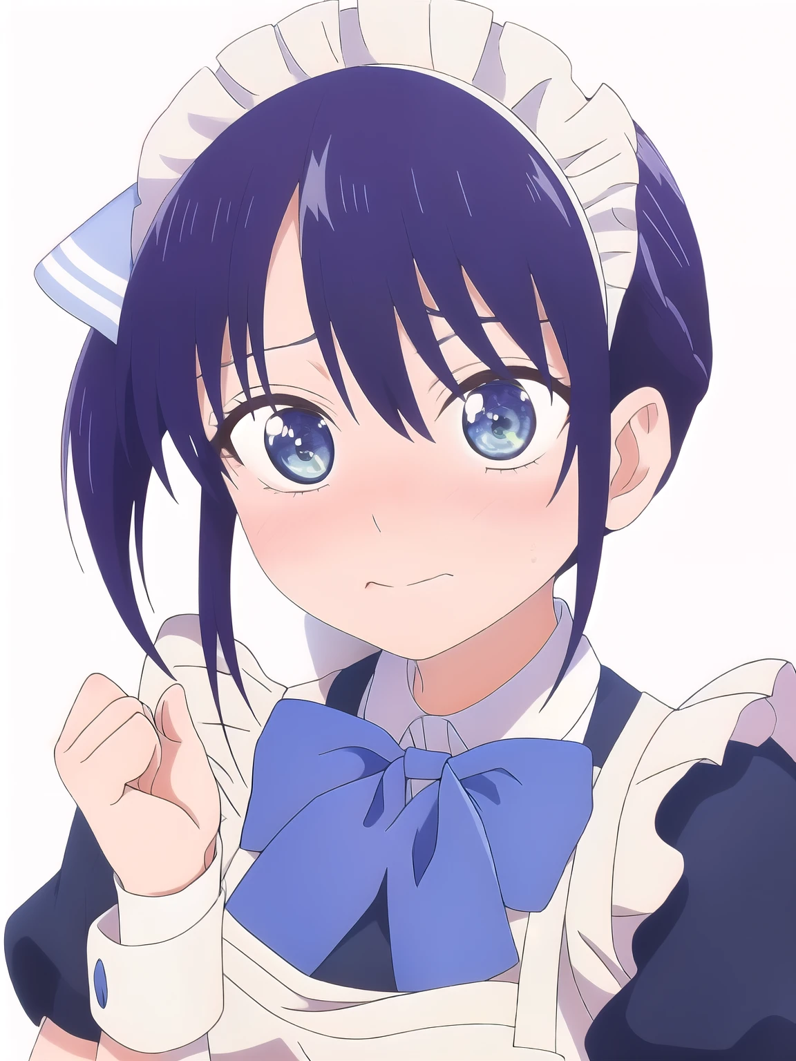 (1 woman), (brown eyes), (Intricate iris detailing), (front), (girl dressed as a maid), (Lower your eyes), (Minase Nagisa), (White background)