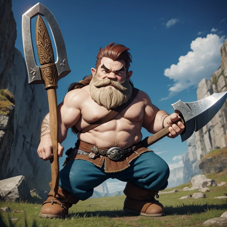 Cartoon dwarf , with ancient axe , war background, scar body