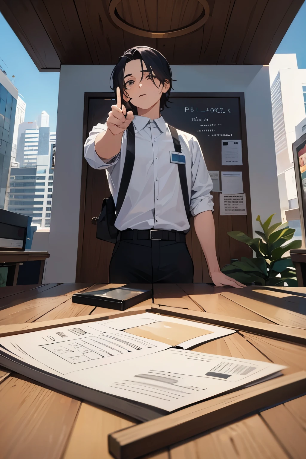 Imagine um garoto loiro, com cabelos ao vento, firmly holding a piece of wood. He is pointing to a company chart that is in free fall, despencando rapidamente. Ao redor, a scene of empty offices and worried employees. Agora, transforme essa cena em um desenho ou pintura