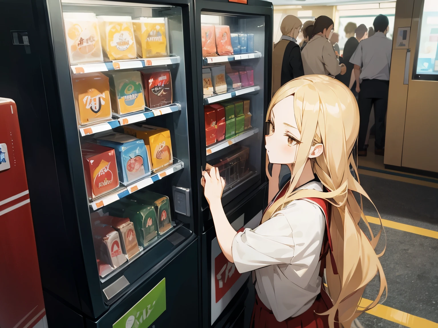 Haikyuu anime style of drawing of a very pretty, sweet and soft girl with long blonde hair and dark brown eyes looking at a vending machine confused on what to pick. The girl wear a japanese high .